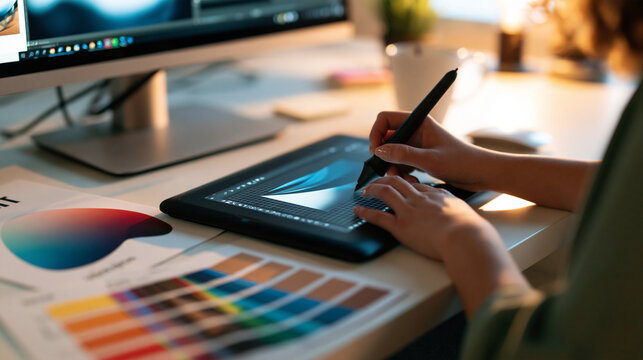 Designer's workspace featuring a graphic tablet and color swatches, top-down flat lay, with copy space