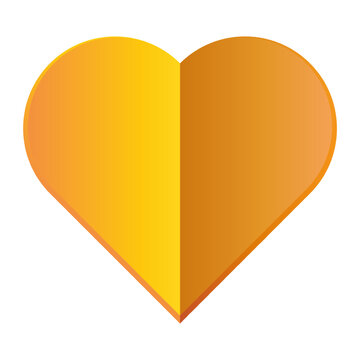 Valentines Day heart shape paper fold shadow love design element yellow orange. Warm yellow heart icon featuring vertical split shadow paper folded effect isolated white background perfect modern wedd