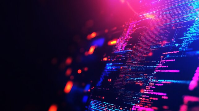 Abstract neon code stream flowing over a blurred globe, representing data visualization and technology innovation concept