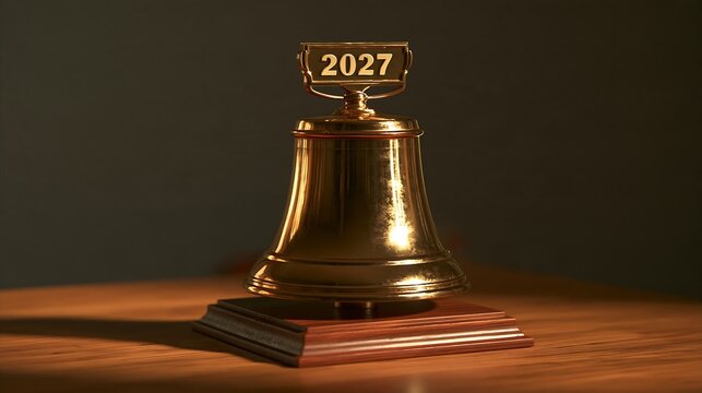 Polished brass hand bell with a rectangular sign displaying the year 2027, resting on a wooden base against a dark background