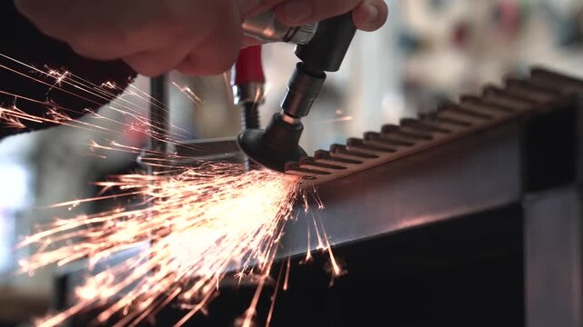 A worker polishes, grinds, and sharpens homemade blades using a handheld pneumatic grinder.