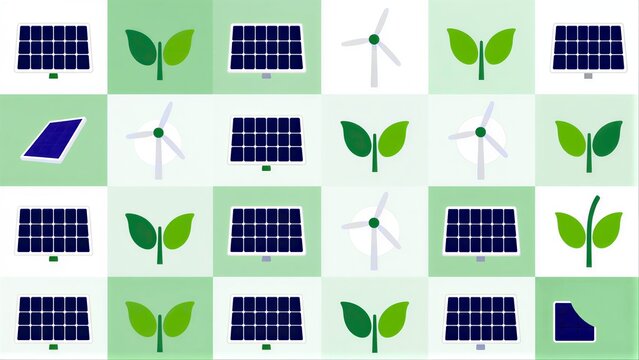 Solar panels, wind turbines, and plant growth symbols in a green grid pattern.