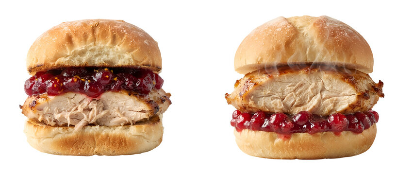 Delicious roasted turkey sandwiches featuring juicy white meat poultry slices topped with tart cranberry sauce inside toasted artisan soft bread buns isolated on transparent background