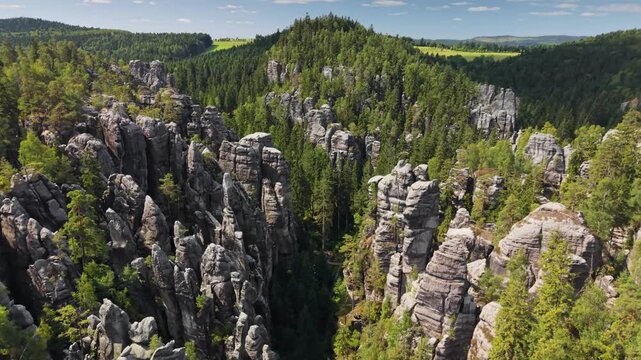 Aerial view of the famous Adrspach Teplice rocks in Czech Republic. Breathtaking natural wonder of Adrspach Teplice rocks captured from above. High cliffs tower over the pristine woodland