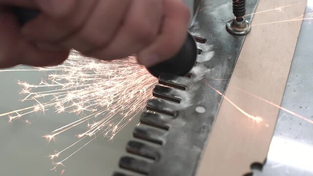 A worker polishes, grinds, and sharpens homemade blades using a handheld pneumatic grinder.