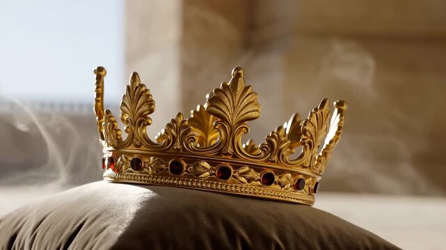 Slow motion close up of gold crown settling on velvet pillow in sunlit palace interior with rising smoke and gentle camera push