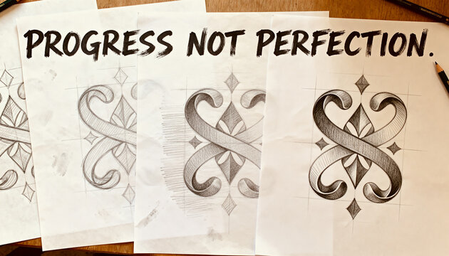 Progress not perfection creative process and iterative design development with hand drawn sketches of an ornamental logo symbol on paper sheets