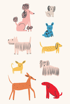 Cute boho artsy dog breeds clipart set featuring poodle, dachshund, terrier, chihuahua, greyhound and floppy ear puppies in playful naive vector illustration bundle