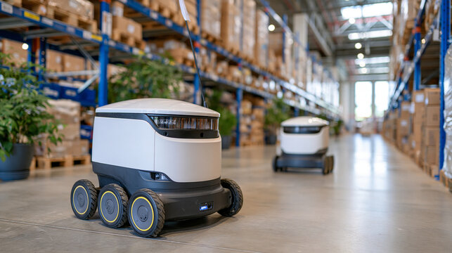 Two compact autonomous delivery robots moving side by side through a spacious warehouse aisle, enclosed white cargo compartments on low wheeled platforms, perfectly aligned inventory shelves, polish