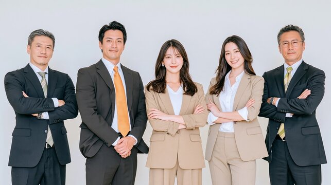スーツ姿で結束力とプロ意識を誇る男女5名のビジネスチーム。コーポレートサイトの会社概要、専門家チーム紹介、コンサル提案書に映える写真素材（文字入れ用余白・コピースペース付き）