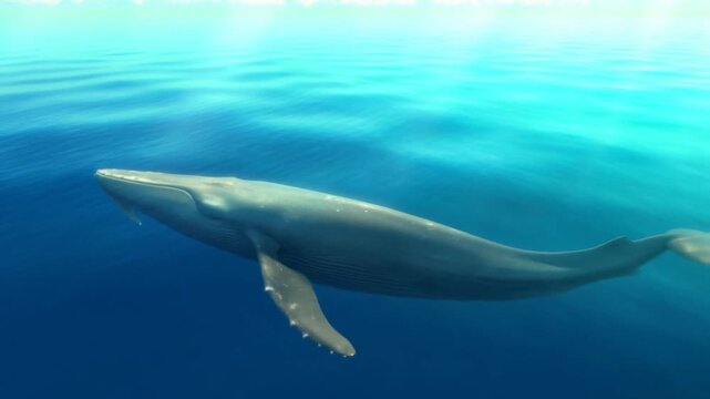 Slow motion humpback whale gliding left to right beneath sunlit clear ocean surface with visible water column and gentle fluke and pectoral fin movement