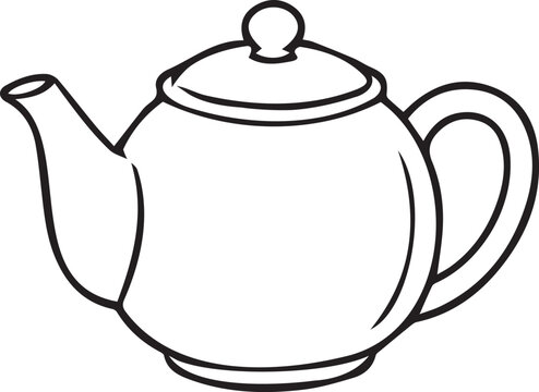 Ceramic teapot or hot water kettle in black and white vector line art. Simple outline icon for tea time, breakfast service, cafe menu graphics, KDP coloring pages, and craft stickers.