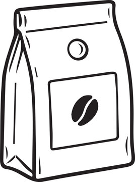 Paper coffee bag package with bean logo label in black and white vector line art. Outline graphic for roasted bean packaging, coffee shop menus, KDP coloring pages, and craft stickers.