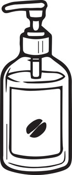 Glass syrup bottle with dispenser pump and coffee bean label in black and white vector line art. Barista ingredient outline icon for cafe menus, KDP coloring books, and craft stickers.