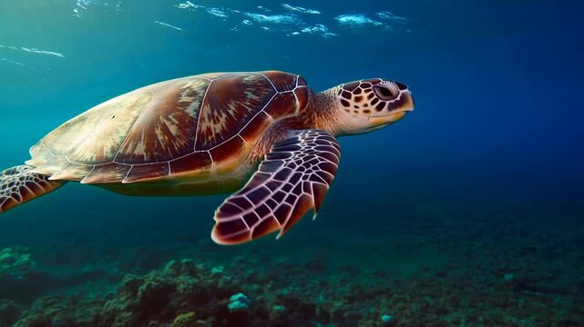 Tracking shot green sea turtle gliding and turning over shallow coral reef underwater with gentle fin strokes and sunlit surface ripples above
