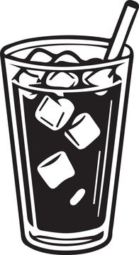 Tall glass of iced coffee with ice cubes and drinking straw in black and white vector line art. Refreshing summer cold brew outline icon for cafe menus, KDP coloring, and stickers.