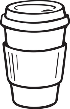 Disposable paper coffee to-go cup with lid and protective sleeve in black and white vector line art. Outline graphic for street coffee, takeaway menus, KDP coloring, and crafts.