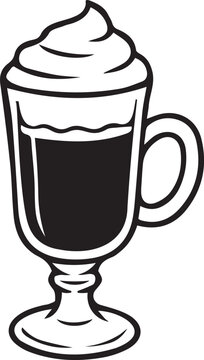 Glass cup with Irish coffee, layered liqueur, and whipped cream topping in black and white vector line art. Outline icon for dessert drinks, cocktail menus, KDP coloring, and crafts.