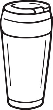 Reusable thermo tumbler travel mug in black and white vector line art. Eco-friendly coffee cup outline icon for outdoor travel, cafe menus, KDP coloring pages, and craft stickers.
