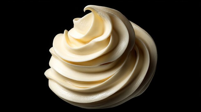 Swirling soft serve ice cream gently rises in a delightful heap against a stark black background, showcasing a creamy texture, perfect for dessert advertising