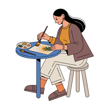 Woman painting Winter Solstice sun and seasonal symbols, creative mindfulness and returning light concept in flat vector style