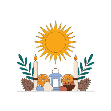 Winter Solstice composition with radiant sun, candles and seasonal nature symbols, returning light concept in flat vector style