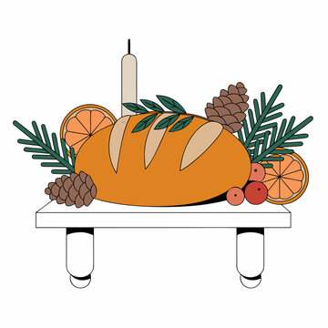 Winter Solstice bread with herbs, candles, oranges and evergreen branches, seasonal food and returning light concept in flat vector style