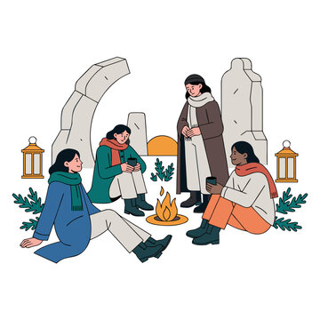 Friends gathering around ceremonial fire at ancient ruins during Winter Solstice, seasonal ritual and returning light concept in flat vector style