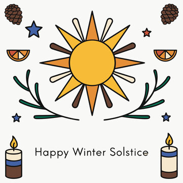 Happy Winter Solstice greeting card with sun, candles and evergreen branches, returning light and seasonal celebration concept in flat vector style