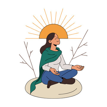 Woman meditating at sunrise on Winter Solstice, mindfulness and returning light concept in flat vector style