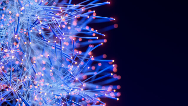Dense fiber optic cluster with radiant endpoints and dark copy space 3D