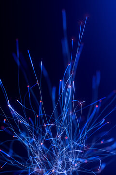 Rising fiber optic network with glowing nodes on deep blue background 3D