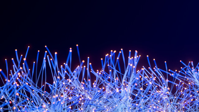 Glowing fiber optic field with illuminated data points and copy space 3D