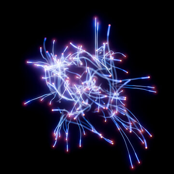 Floating fiber optic network with tangled luminous connections on black 3D