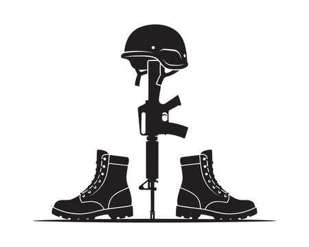 Veterans Day fallen soldier battlefield cross with helmet, rifle and combat boots black silhouette vector
