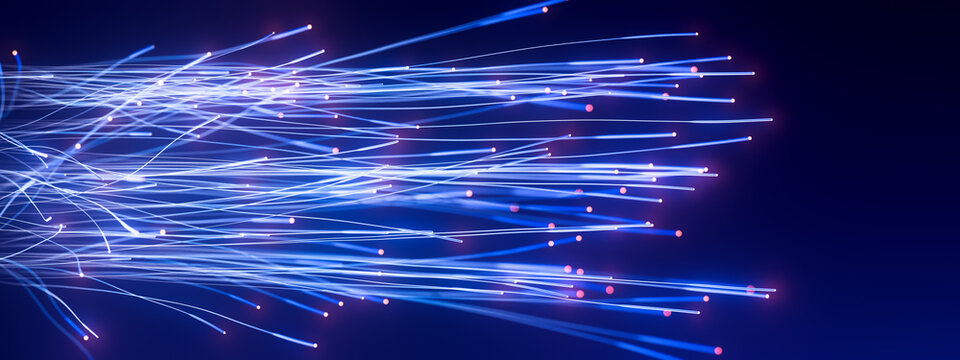 Streaming fiber optic lines carrying luminous data signals across blue space 3D