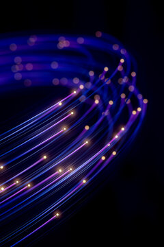 Curving neon data cables with violet light trails and glowing nodes 3D