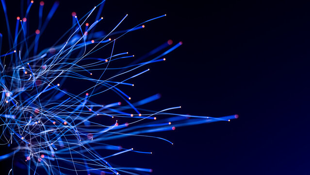 Scattered fiber optic strands transmitting luminous signals across dark space 3D