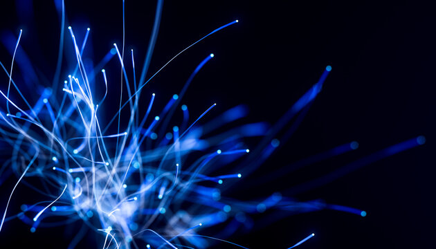 Branching fiber optic network with blue signal nodes and negative space 3D