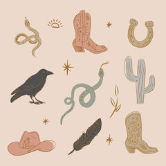 Obraz premium Mystical raven bird clipart set featuring snakes, decorated cowboy boots, hat, feather, horseshoe, cactus, sunburst and celestial stars in western vector illustration bundle
