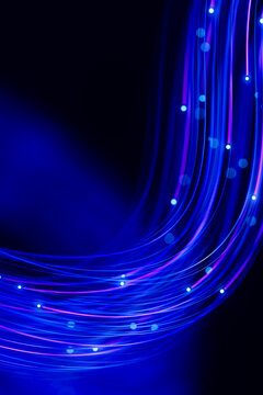 Twisting fiber stream with glowing network particles on dark blue 3D
