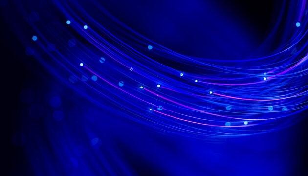 Sweeping fiber bundle with luminous data flow and blue neon trails 3D