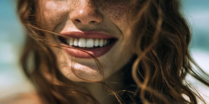 Close up portrait beautiful young woman, stunning natural freckles smiling brightly showing perfect white teeth while long curly brown hair gently blows across her face outdoors in sunlight and wind