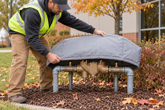 Worker installing insulated cover on backflow preventer