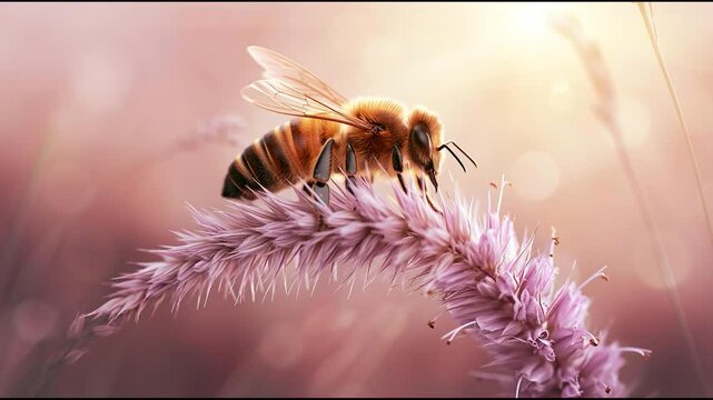 Honey Bee Pollinating Pink Wildflower at Golden Sunrise Macro Close Up with Soft Dreamy Floral Background