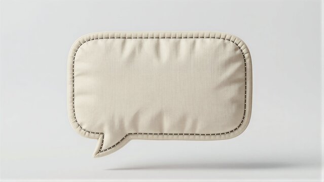 Stitched fabric speech bubble floats softly against minimalist white background.