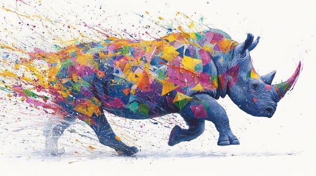 Dynamic motion captures a powerful rhinoceros, bursting forth through a vibrant, abstract splash of colorful paint, offering a striking concept for energetic themes