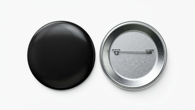 Front and back views of a black pin badge isolated on white background. Perfect for branding mockups and custom design presentations.