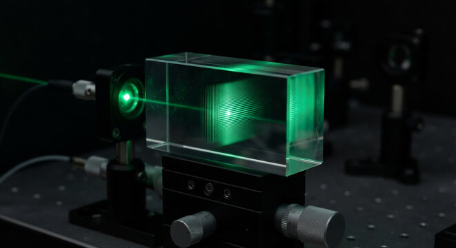 Volume bragg grating laser beam division inside optical glass block splitting green light in advanced photonics lab