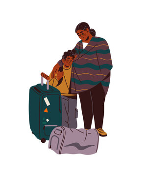 Refugee family with luggage. Sad immigrants with baggage. Mother and kid foreigners with suitcase and bags are waiting for flight at airport. Flat isolated vector illustration on white background